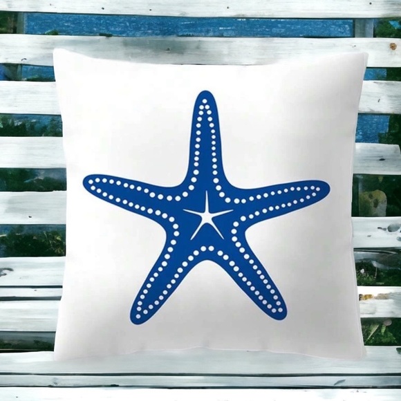 Pillow Cover Coastal Starfish Nautical Beach Zip Square White Blue 17.7 X 17.7 - Picture 2 of 13